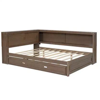 Cadre de lit de repos en bois pleine grandeur avec rangement, lit de repos avec lit gigogne et étagères de rangement, lit de repos d'angle en forme de L avec lumière et portes coulissantes