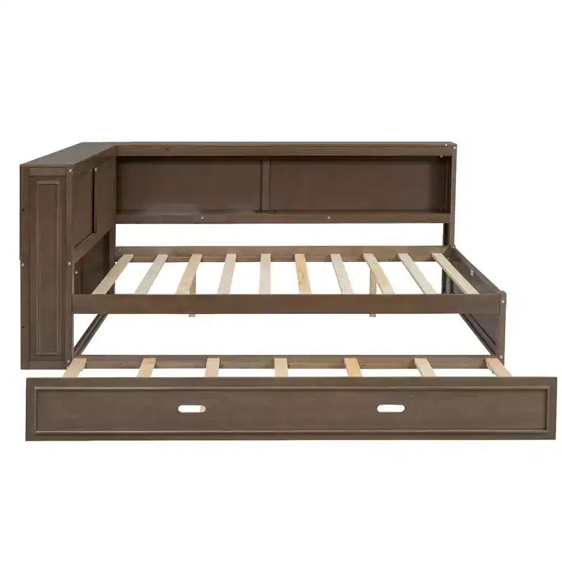 Cadre de lit de repos en bois pleine grandeur avec rangement, lit de repos avec lit gigogne et étagères de rangement, lit de repos d'angle en forme de L avec lumière et portes coulissantes