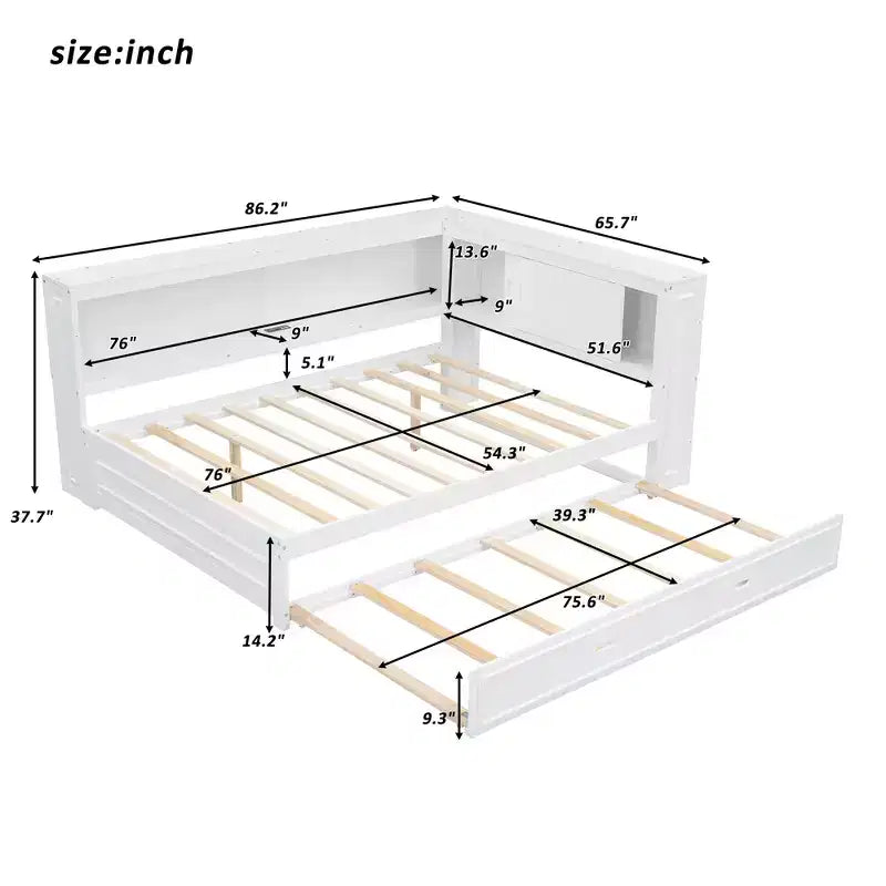 Cadre de lit de repos en bois pleine grandeur avec rangement, lit de repos avec lit gigogne et étagères de rangement, lit de repos d'angle en forme de L avec lumière et portes coulissantes