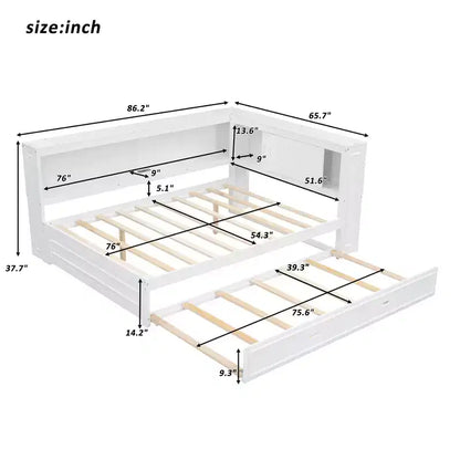 Cadre de lit de repos en bois pleine grandeur avec rangement, lit de repos avec lit gigogne et étagères de rangement, lit de repos d'angle en forme de L avec lumière et portes coulissantes