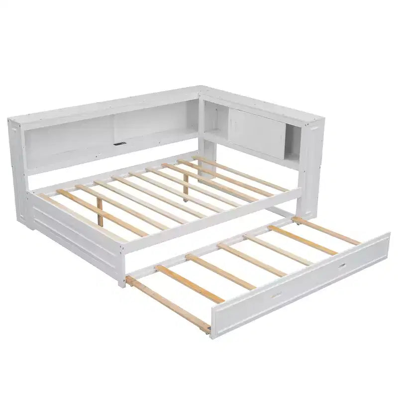 Cadre de lit de repos en bois pleine grandeur avec rangement, lit de repos avec lit gigogne et étagères de rangement, lit de repos d'angle en forme de L avec lumière et portes coulissantes