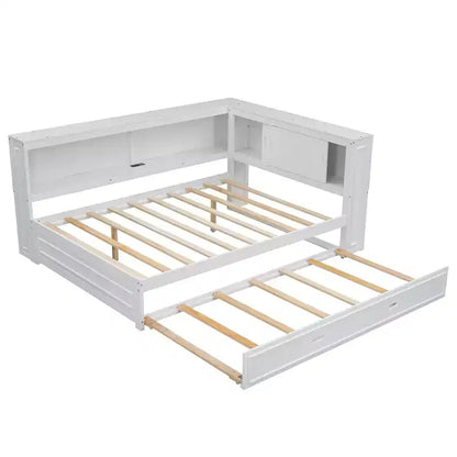 Cadre de lit de repos en bois pleine grandeur avec rangement, lit de repos avec lit gigogne et étagères de rangement, lit de repos d'angle en forme de L avec lumière et portes coulissantes