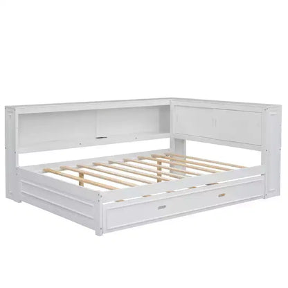 Cadre de lit de repos en bois pleine grandeur avec rangement, lit de repos avec lit gigogne et étagères de rangement, lit de repos d'angle en forme de L avec lumière et portes coulissantes