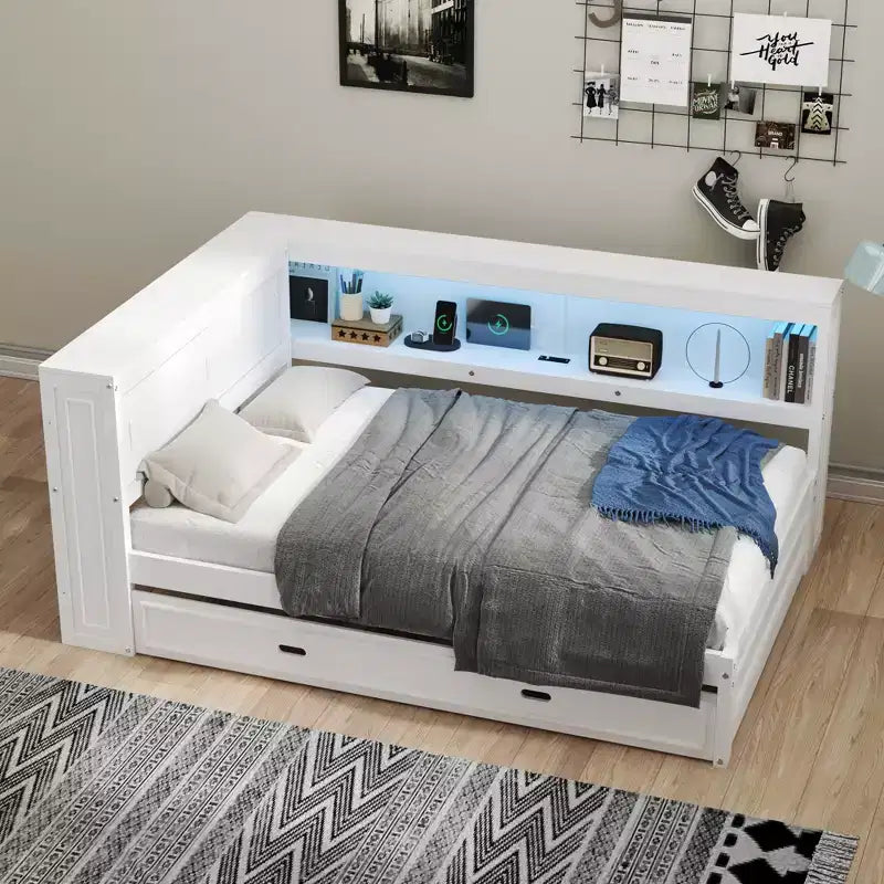 Full Size Wooden Storage Daybed Frame, Daybed Bed with Trundle & Storage Shelves, L Shape Corner Daybed with Light & Sliding Doors