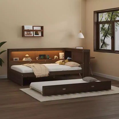 Cadre de lit de repos en bois pleine grandeur avec rangement, lit de repos avec lit gigogne et étagères de rangement, lit de repos d'angle en forme de L avec lumière et portes coulissantes