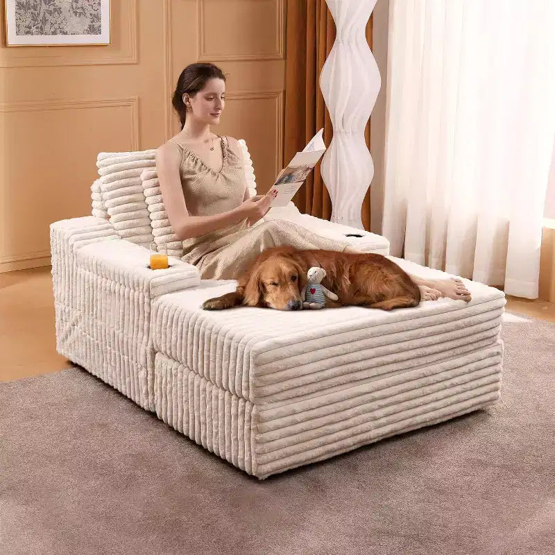 Grande chaise longue d'intérieur avec rangement, canapé-lit en velours côtelé rembourré avec 3 oreillers, canapé-lit simple pour la maison