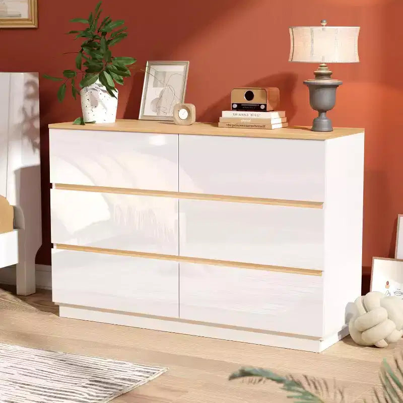 VINGLI White Dresser High Gloss Chest of Drawers, 6 Drawer Dresser for Bedroom