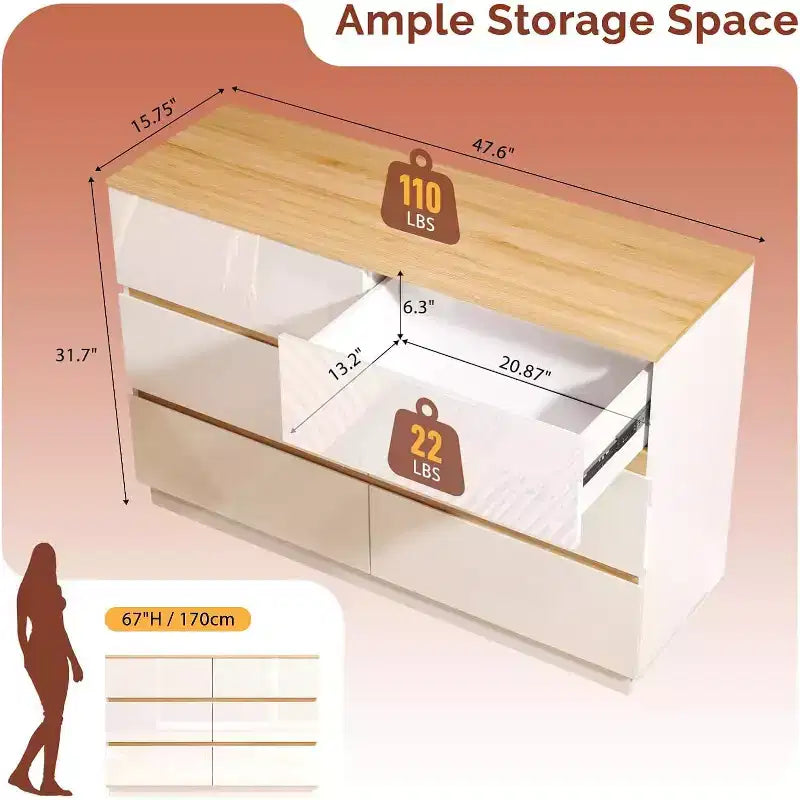 VINGLI Commode Blanche Brillante, Commode à 6 Tiroirs pour Chambre à Coucher
