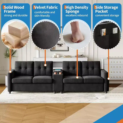Canapé modulaire sectionnel 4 places en velours de 292 cm compact avec console de rangement, station de charge et porte-gobelets, canapé à assise profonde pour la maison