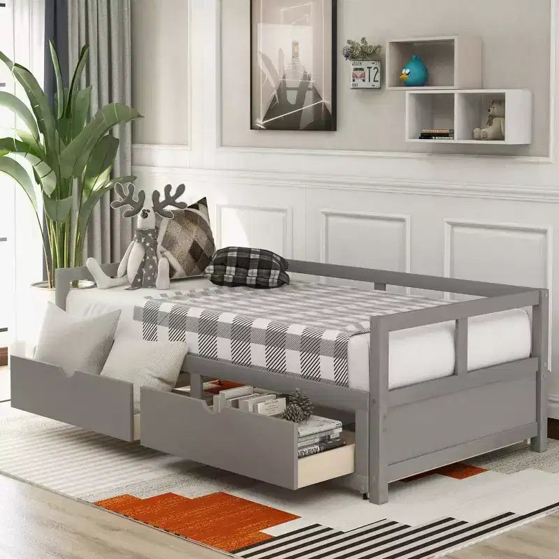 Lit de repos double en bois avec lit gigogne double et deux tiroirs de rangement, cadre de lit extensible, canapé-lit pour chambre à coucher et salon