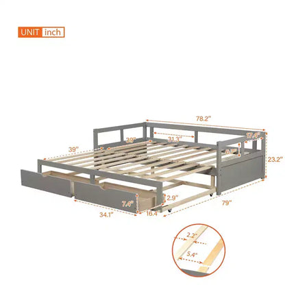 Lit de repos double en bois avec lit gigogne double et deux tiroirs de rangement, cadre de lit extensible, canapé-lit pour chambre à coucher et salon