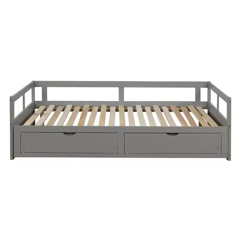 Lit de repos double en bois avec lit gigogne double et deux tiroirs de rangement, cadre de lit extensible, canapé-lit pour chambre à coucher et salon