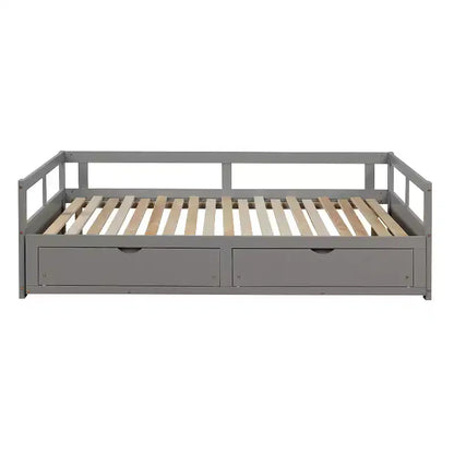 Lit de repos double en bois avec lit gigogne double et deux tiroirs de rangement, cadre de lit extensible, canapé-lit pour chambre à coucher et salon