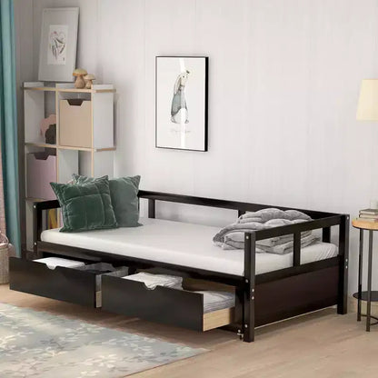 Lit de repos double en bois avec lit gigogne double et deux tiroirs de rangement, cadre de lit extensible, canapé-lit pour chambre à coucher et salon