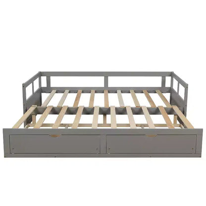 Lit de repos double en bois avec lit gigogne double et deux tiroirs de rangement, cadre de lit extensible, canapé-lit pour chambre à coucher et salon