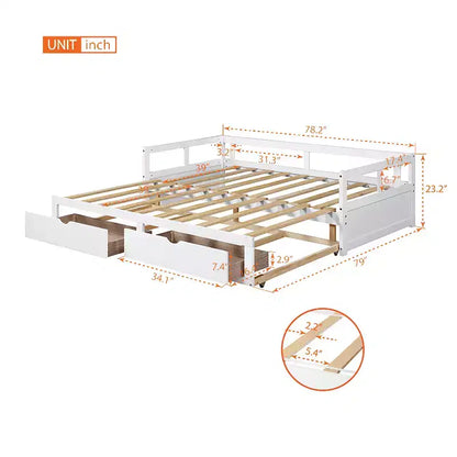 Lit de repos double en bois avec lit gigogne double et deux tiroirs de rangement, cadre de lit extensible, canapé-lit pour chambre à coucher et salon