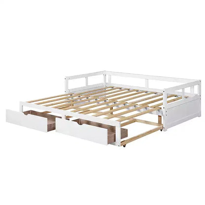 Lit de repos double en bois avec lit gigogne double et deux tiroirs de rangement, cadre de lit extensible, canapé-lit pour chambre à coucher et salon