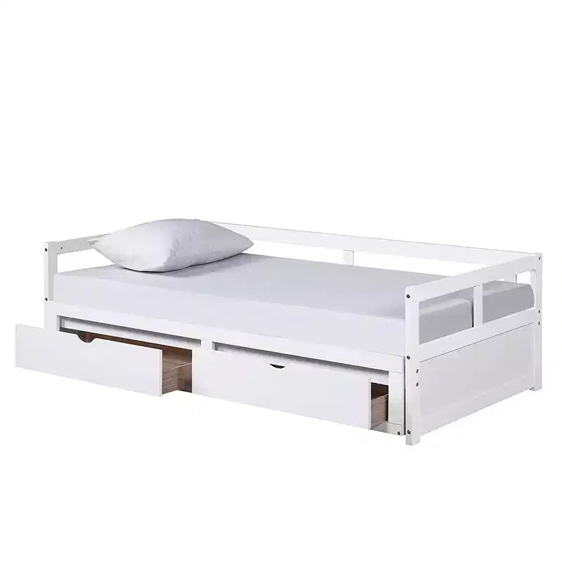 Lit de repos double en bois avec lit gigogne double et deux tiroirs de rangement, cadre de lit extensible, canapé-lit pour chambre à coucher et salon