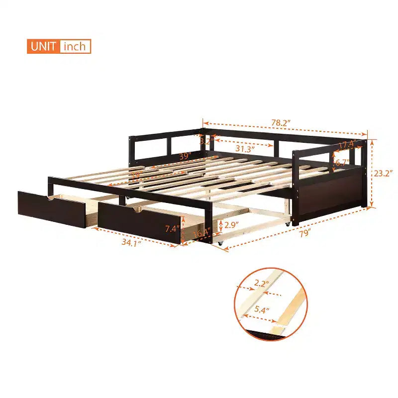 Lit de repos double en bois avec lit gigogne double et deux tiroirs de rangement, cadre de lit extensible, canapé-lit pour chambre à coucher et salon