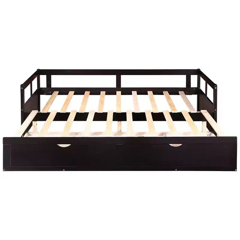 Lit de repos double en bois avec lit gigogne double et deux tiroirs de rangement, cadre de lit extensible, canapé-lit pour chambre à coucher et salon