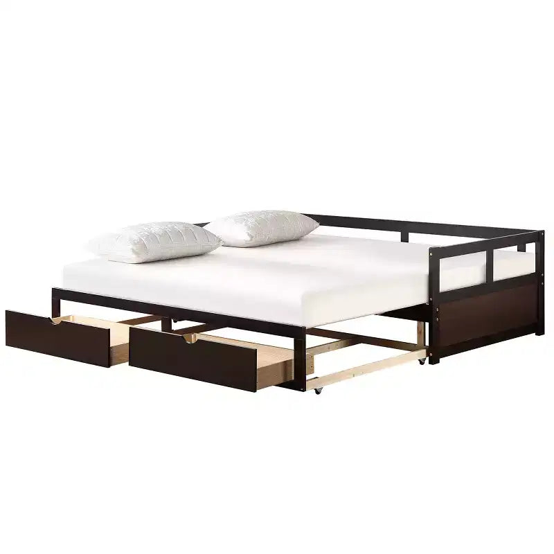 Lit de repos double en bois avec lit gigogne double et deux tiroirs de rangement, cadre de lit extensible, canapé-lit pour chambre à coucher et salon