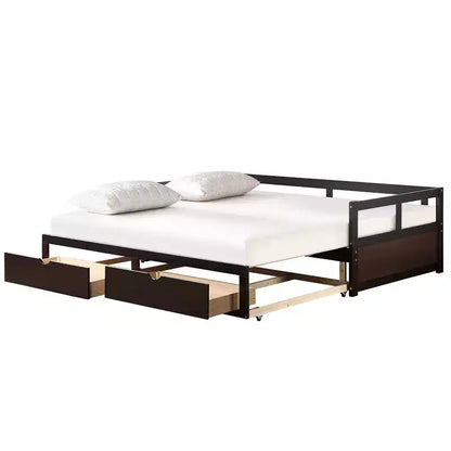 Lit de repos double en bois avec lit gigogne double et deux tiroirs de rangement, cadre de lit extensible, canapé-lit pour chambre à coucher et salon