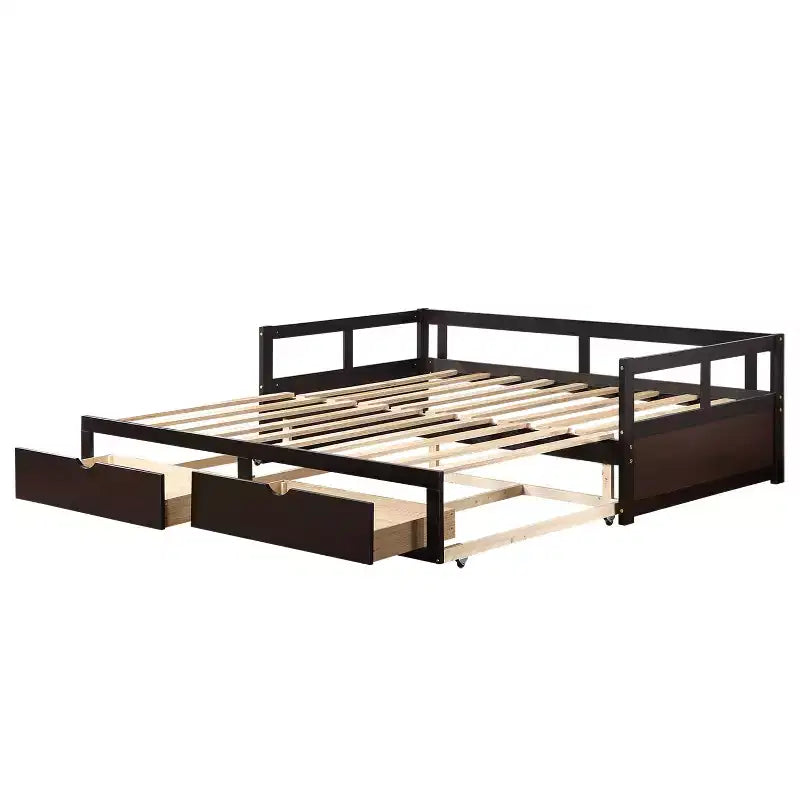Lit de repos double en bois avec lit gigogne double et deux tiroirs de rangement, cadre de lit extensible, canapé-lit pour chambre à coucher et salon