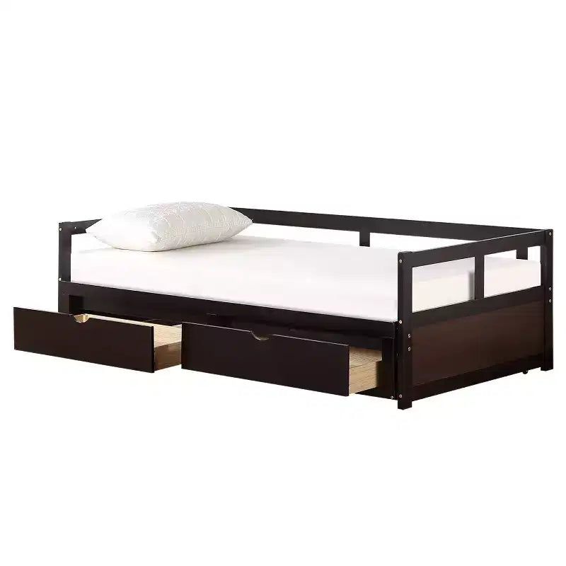 Lit de repos double en bois avec lit gigogne double et deux tiroirs de rangement, cadre de lit extensible, canapé-lit pour chambre à coucher et salon
