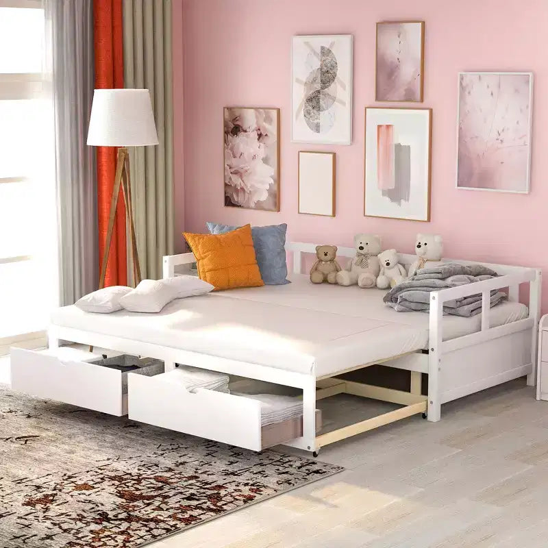Lit de repos double en bois avec lit gigogne double et deux tiroirs de rangement, cadre de lit extensible, canapé-lit pour chambre à coucher et salon
