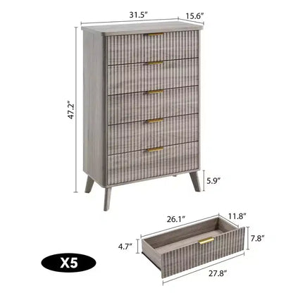 GustoWave Commode Haute de 120 cm, Commode Cannele pour Chambre avec 5 Tiroirs Profonds, Design Profilé Courbé, Commode Moderne en Bois