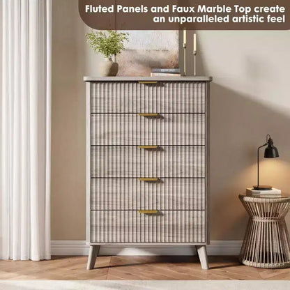 GustoWave Commode Haute de 120 cm, Commode Cannele pour Chambre avec 5 Tiroirs Profonds, Design Profilé Courbé, Commode Moderne en Bois