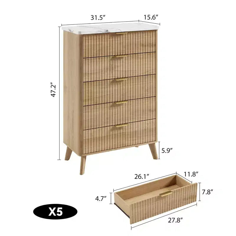 GustoWave Commode Haute de 120 cm, Commode Cannele pour Chambre avec 5 Tiroirs Profonds, Design Profilé Courbé, Commode Moderne en Bois