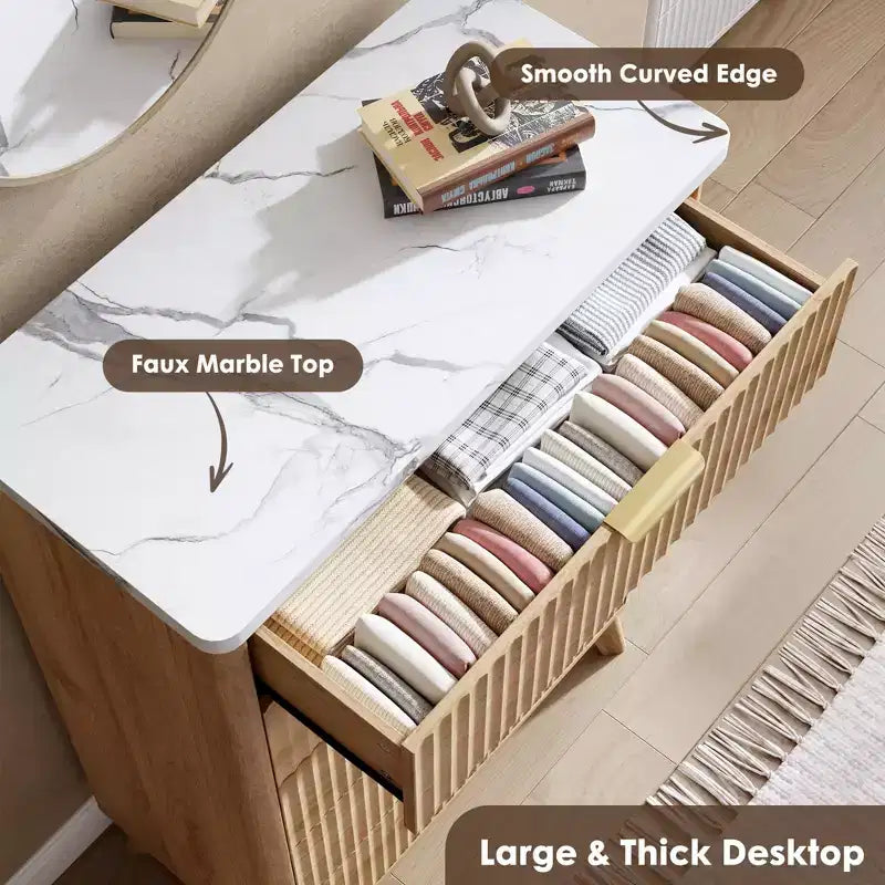 GustoWave Commode Haute de 120 cm, Commode Cannele pour Chambre avec 5 Tiroirs Profonds, Design Profilé Courbé, Commode Moderne en Bois