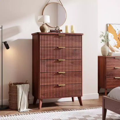 GustoWave Commode Haute de 120 cm, Commode Cannele pour Chambre avec 5 Tiroirs Profonds, Design Profilé Courbé, Commode Moderne en Bois