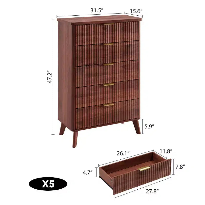 GustoWave Commode Haute de 120 cm, Commode Cannele pour Chambre avec 5 Tiroirs Profonds, Design Profilé Courbé, Commode Moderne en Bois