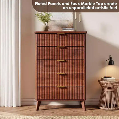 GustoWave Commode Haute de 120 cm, Commode Cannele pour Chambre avec 5 Tiroirs Profonds, Design Profilé Courbé, Commode Moderne en Bois