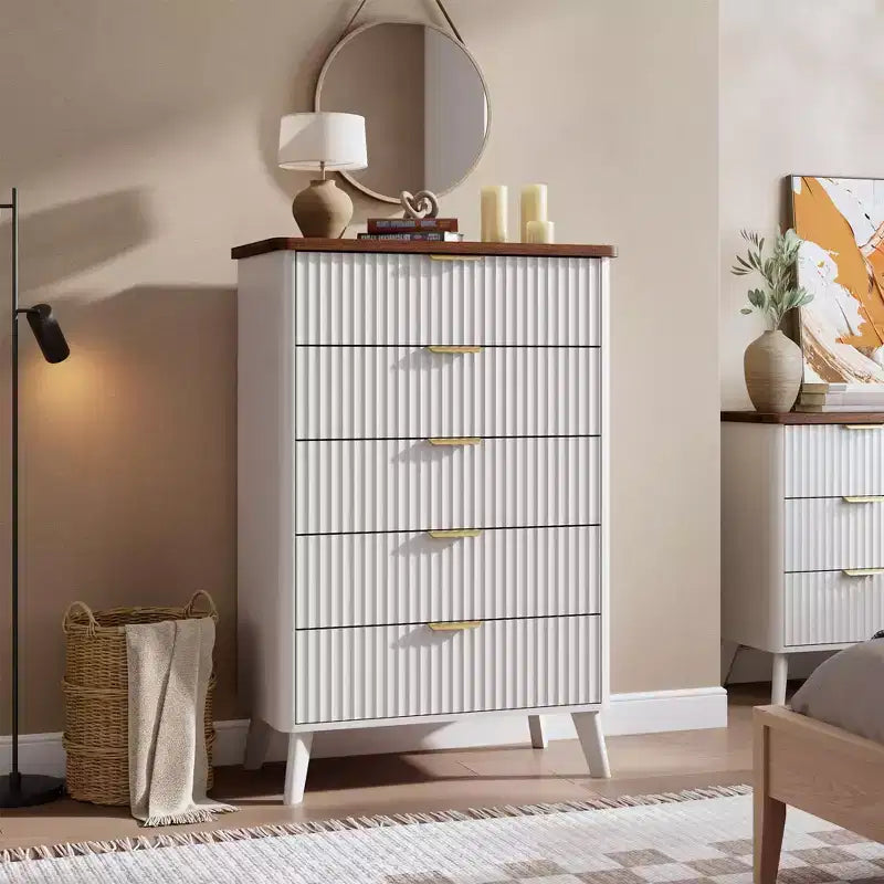 GustoWave Commode Haute de 120 cm, Commode Cannele pour Chambre avec 5 Tiroirs Profonds, Design Profilé Courbé, Commode Moderne en Bois