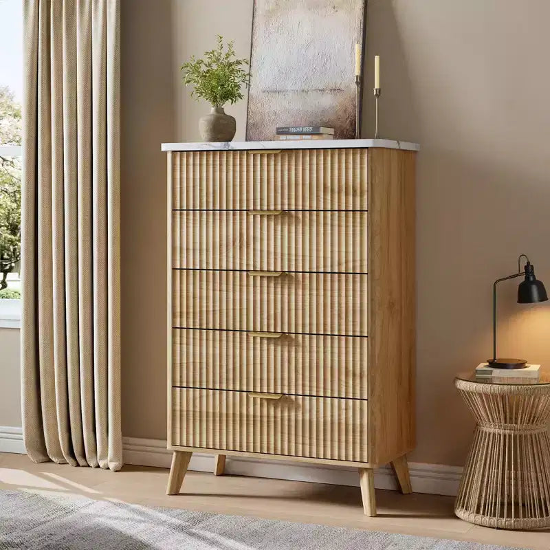 GustoWave Commode Haute de 120 cm, Commode Cannele pour Chambre avec 5 Tiroirs Profonds, Design Profilé Courbé, Commode Moderne en Bois