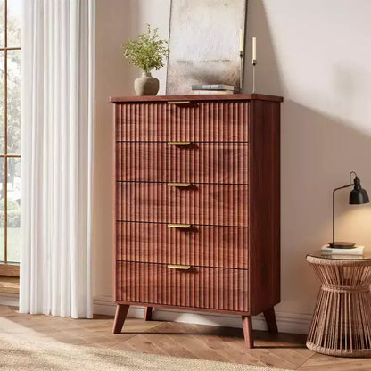 GustoWave Commode Haute de 120 cm, Commode Cannele pour Chambre avec 5 Tiroirs Profonds, Design Profilé Courbé, Commode Moderne en Bois