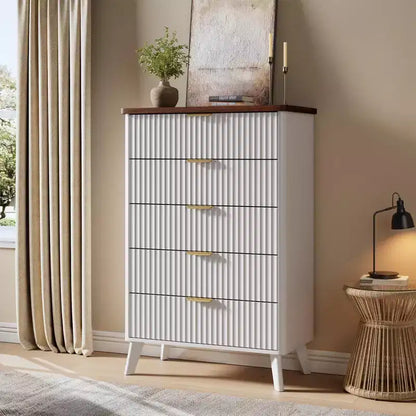GustoWave Commode Haute de 120 cm, Commode Cannele pour Chambre avec 5 Tiroirs Profonds, Design Profilé Courbé, Commode Moderne en Bois