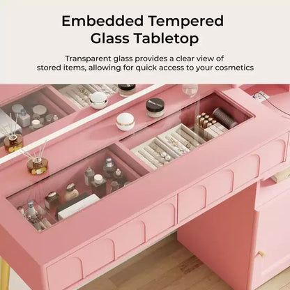 Coiffeuse 48 po avec miroir et lumières, coiffeuse moderne cannelée avec plateau en verre et armoire de rangement