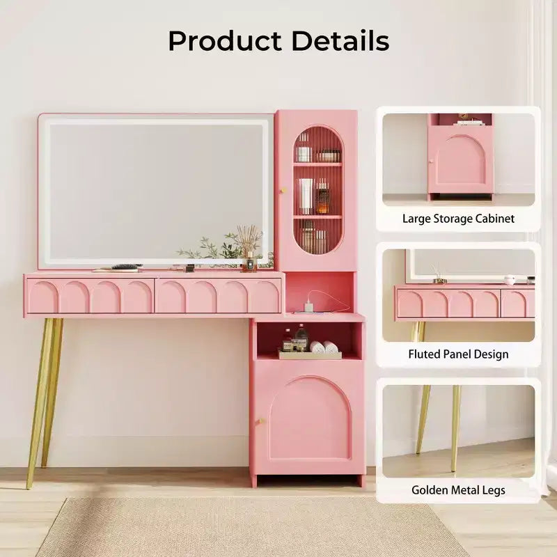 Coiffeuse 48 po avec miroir et lumières, coiffeuse moderne cannelée avec plateau en verre et armoire de rangement