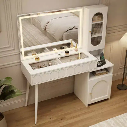 Coiffeuse 48 po avec miroir et lumières, coiffeuse moderne cannelée avec plateau en verre et armoire de rangement