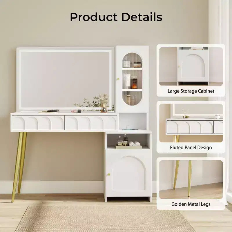 Coiffeuse 48 po avec miroir et lumières, coiffeuse moderne cannelée avec plateau en verre et armoire de rangement
