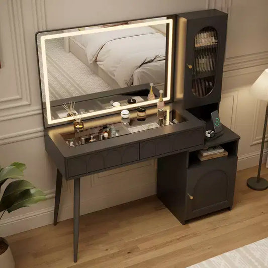 Coiffeuse 48 po avec miroir et lumières, coiffeuse moderne cannelée avec plateau en verre et armoire de rangement