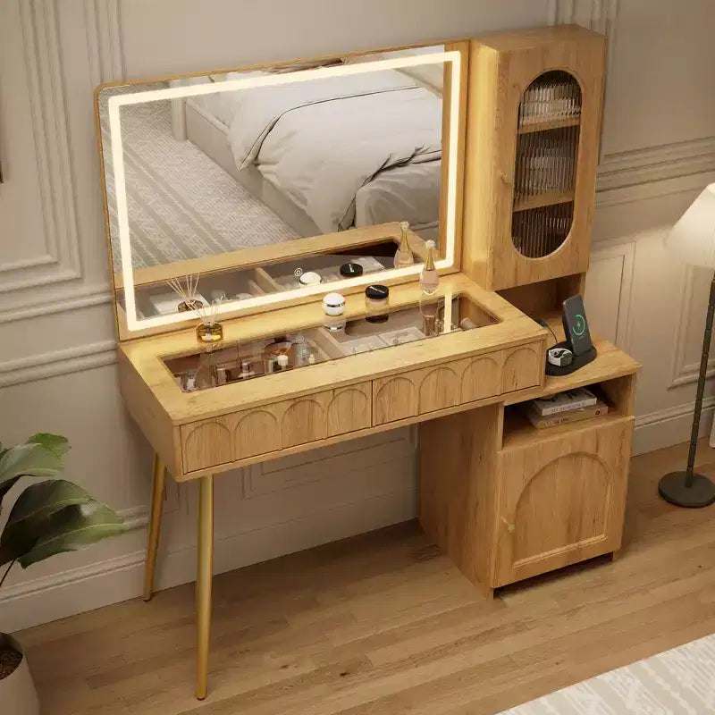 Coiffeuse 48 po avec miroir et lumières, coiffeuse moderne cannelée avec plateau en verre et armoire de rangement