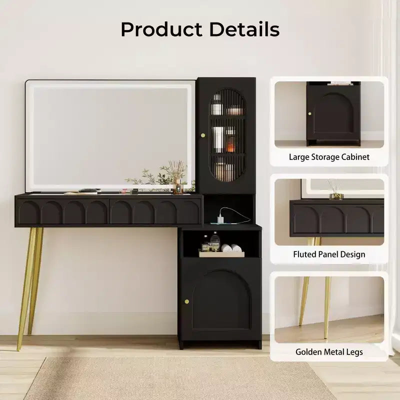 Coiffeuse 48 po avec miroir et lumières, coiffeuse moderne cannelée avec plateau en verre et armoire de rangement