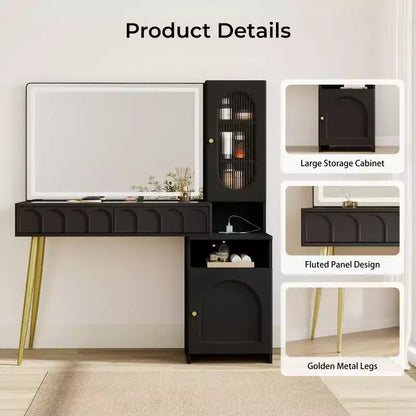 Coiffeuse 48 po avec miroir et lumières, coiffeuse moderne cannelée avec plateau en verre et armoire de rangement