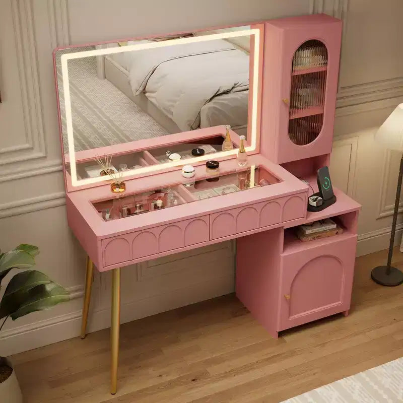 Coiffeuse 48 po avec miroir et lumières, coiffeuse moderne cannelée avec plateau en verre et armoire de rangement