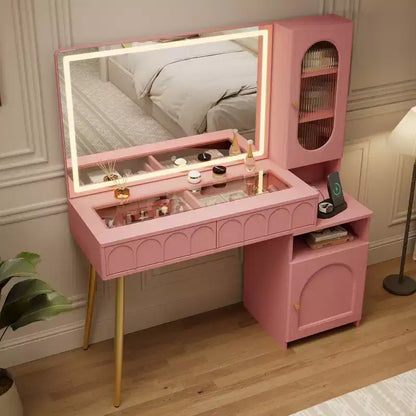 Coiffeuse 48 po avec miroir et lumières, coiffeuse moderne cannelée avec plateau en verre et armoire de rangement